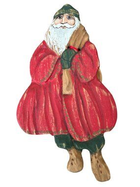 Hand-Carved Wooden Santa Ornament With Dog - Signed By Artist Rustic Christmas